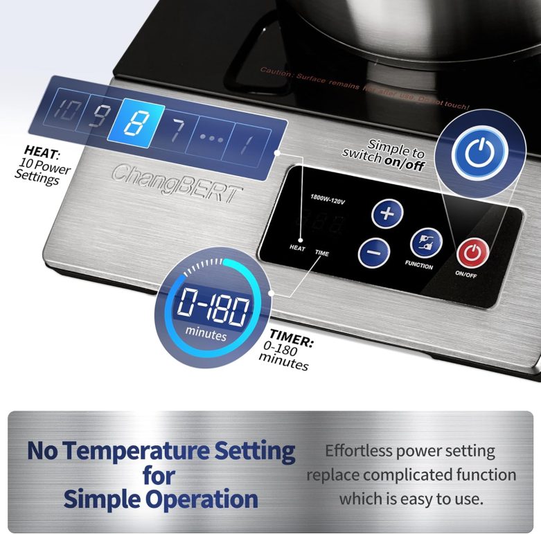 ChangBERT 1800W Commercial Grade Induction Cooktop, NSF Certified Portable Large 8” Heating Coil, 12" Heat Resistant Cooking Surface 18/10 Stainless Steel Power Pro Chef Professional Burner Hot Plate - Image 6