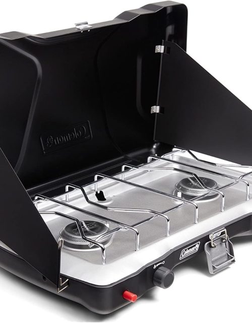 Coleman Triton+ 2-Burner Propane Camping Stove, Push-Button Instant Ignition, Portable Camp Grill, Adjustable Burners, Wind Guards, 22,000 Total BTUs of Power, Beach Cookouts, Backyard BBQ,Tailgating
